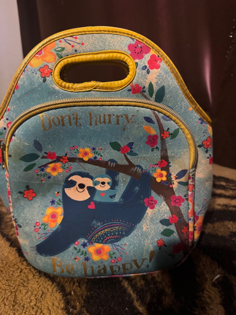 Insulated Lunch Bag Sloth Design Yellow Trim Floral Print
